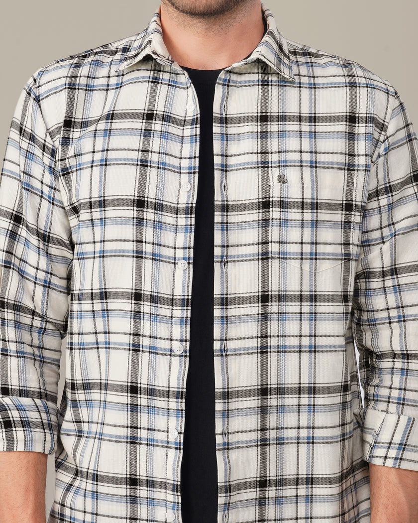 White and Blue Plaid Poly Viscose Stretch Blend Classic Fit Shirt