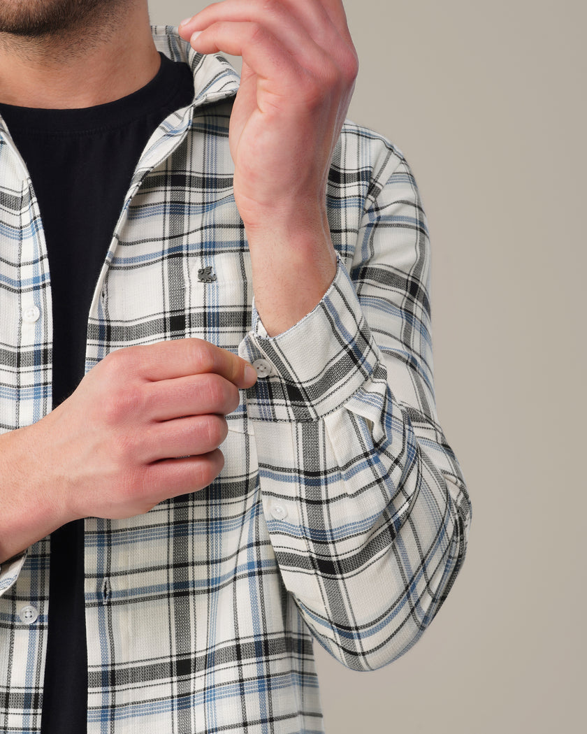 White and Blue Plaid Poly Viscose Stretch Blend Classic Fit Shirt
