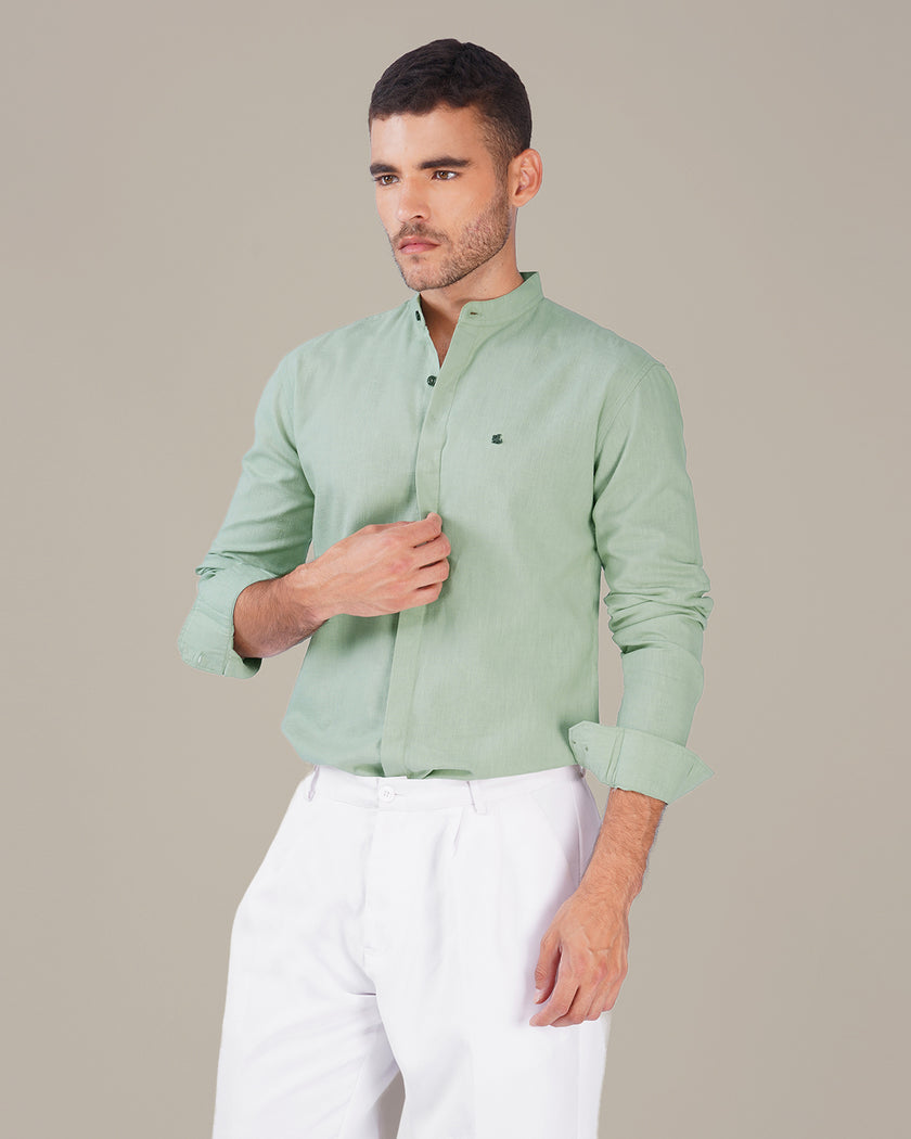 Mint Green Solid Linen Blend Mandarin Collar Shirt