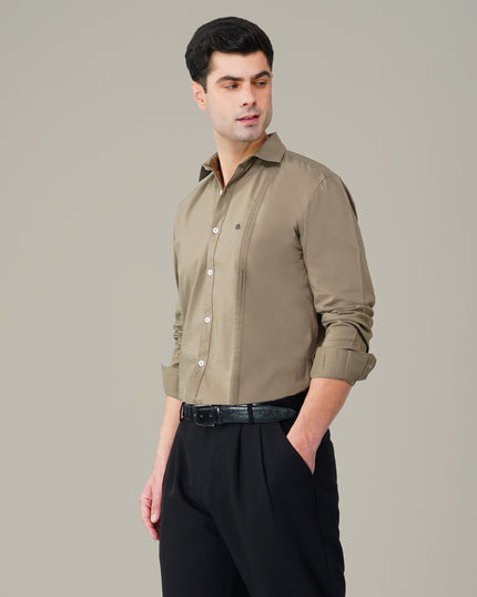 Olive Solid Polyester-Lycra Blend Regular Collar Shirt