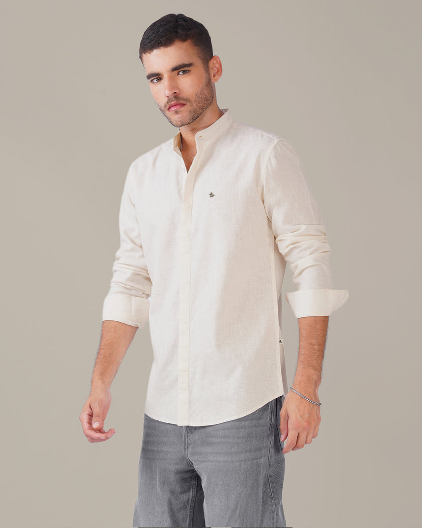 Off White Solid Linen Blend Mandarin Collar Shirt