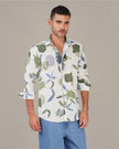 White Botanical Print Linen Blend Regular Fit Shirt