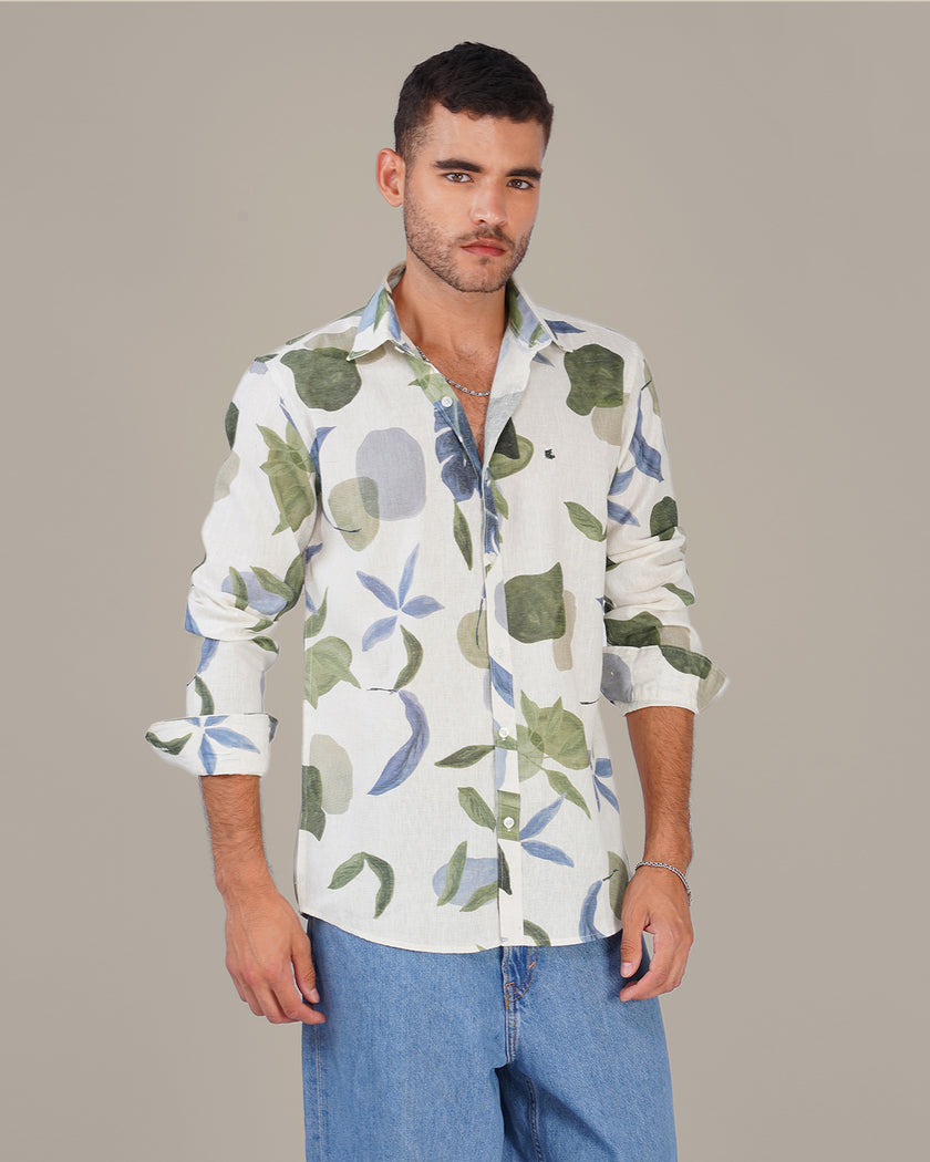 White Botanical Print Linen Blend Regular Fit Shirt