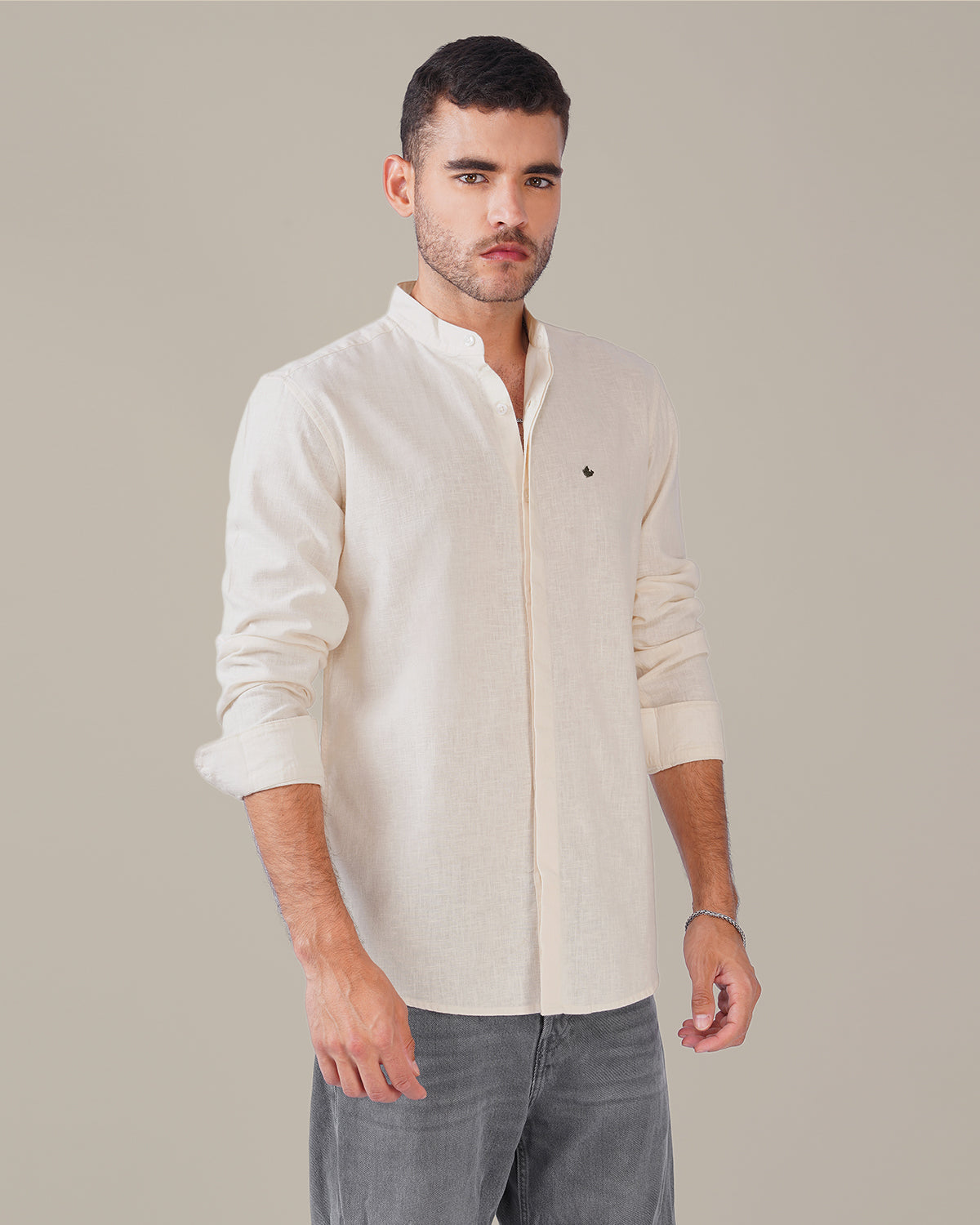 Off White Solid Linen Blend Mandarin Collar Shirt