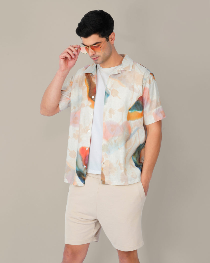 Multicolor Abstract Print Linen Blend Short Sleeve Shirt