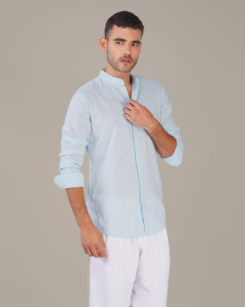 Light Blue Solid Linen Blend Mandarin Collar Shirt