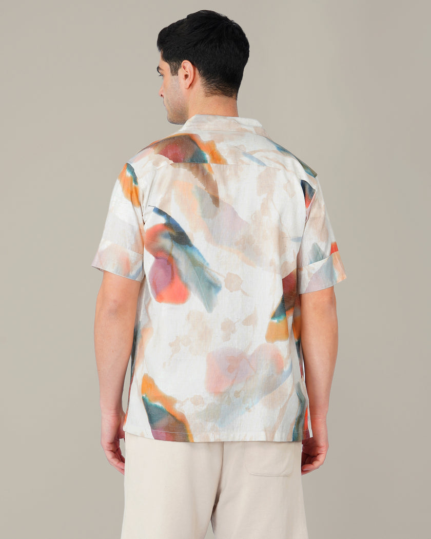 Multicolor Abstract Print Linen Blend Short Sleeve Shirt