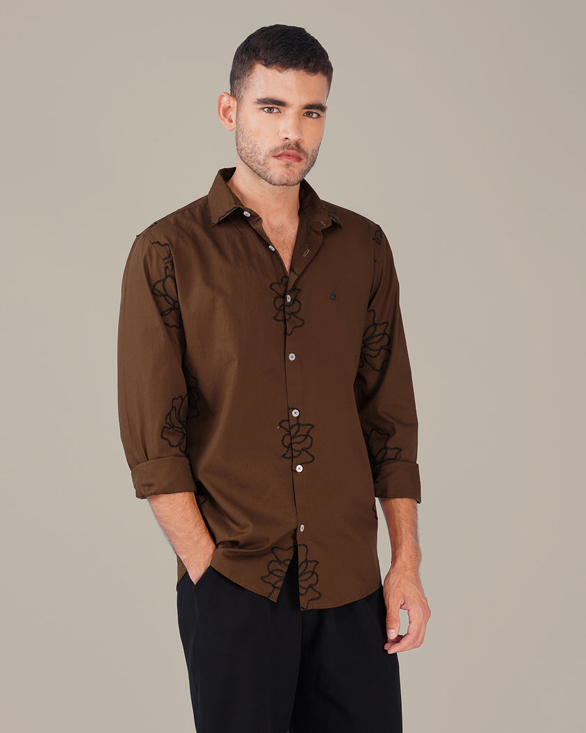 Brown Floral Pattern Linen-Cotton Blend Regular Fit Shirt