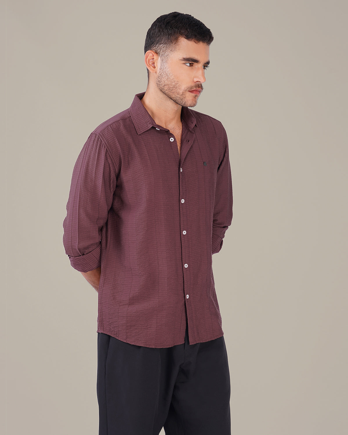 Deep Plum Textured Polyester Viscose Classic Fit Shirt