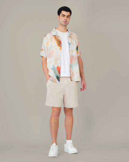 Multicolor Abstract Print Linen Blend Short Sleeve Shirt