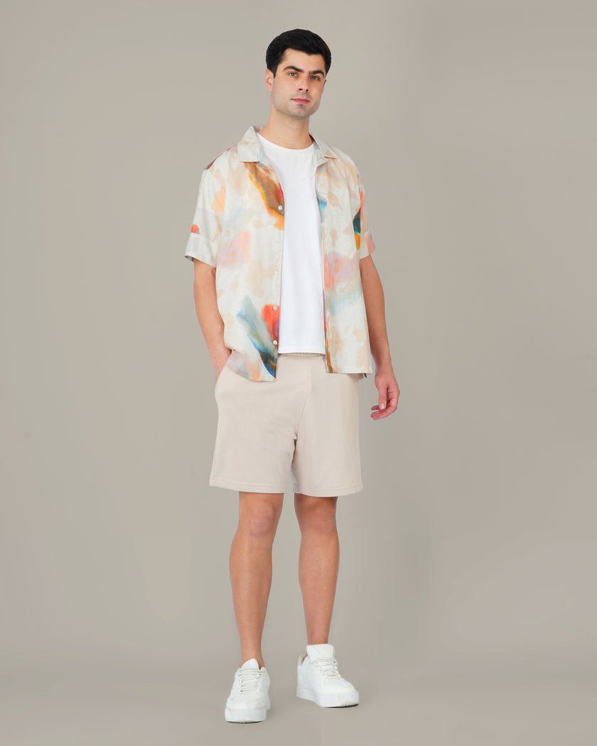 Multicolor Abstract Print Linen Blend Short Sleeve Shirt
