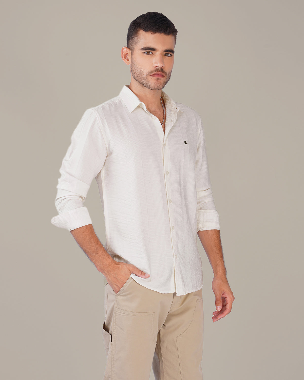 White Textured Polyester Viscose Regular Fit Shirt
