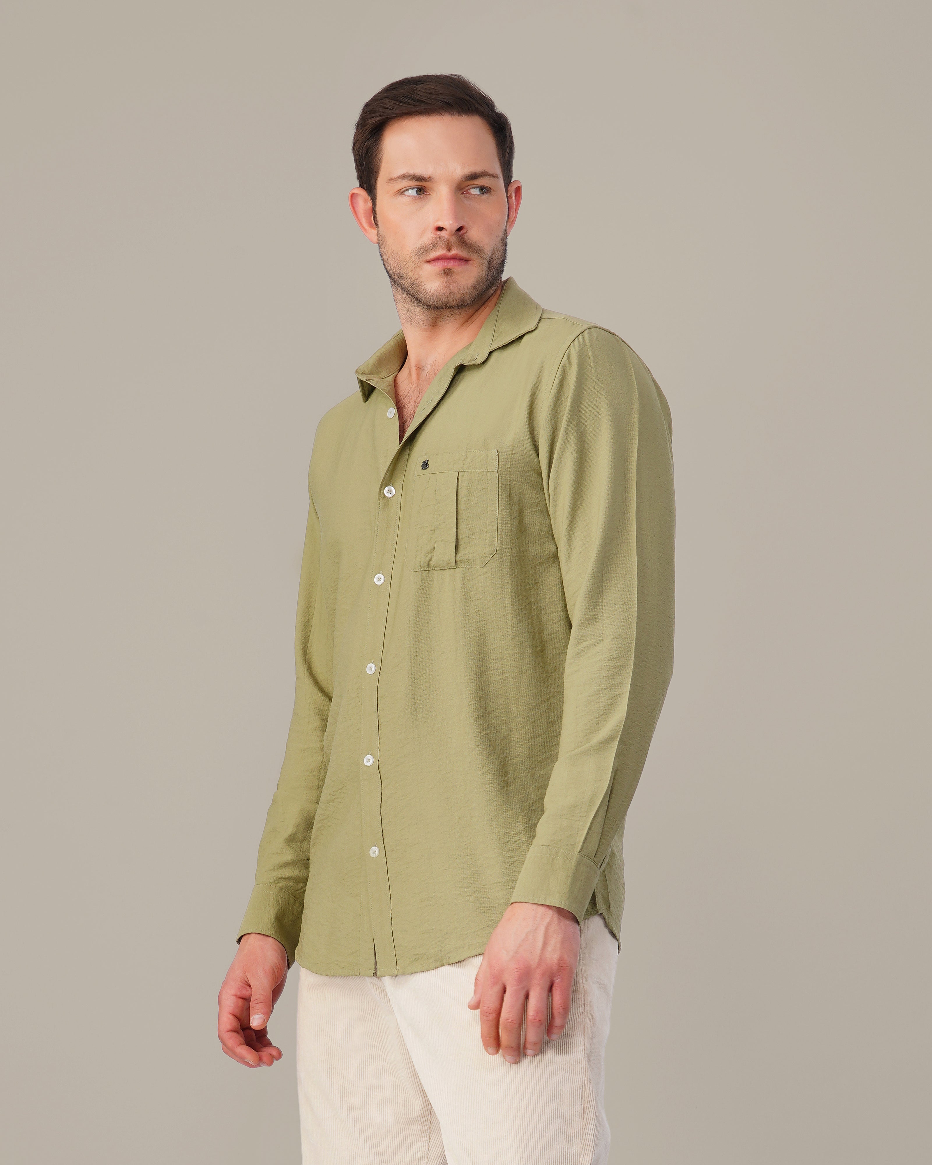 Olive Green Solid Smooth Blend Regular Fit Shirt