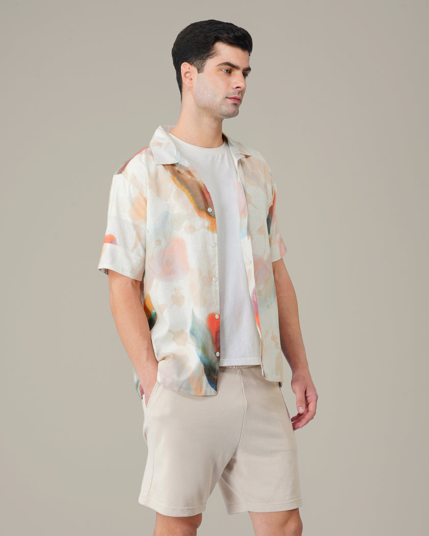 Multicolor Abstract Print Linen Blend Short Sleeve Shirt