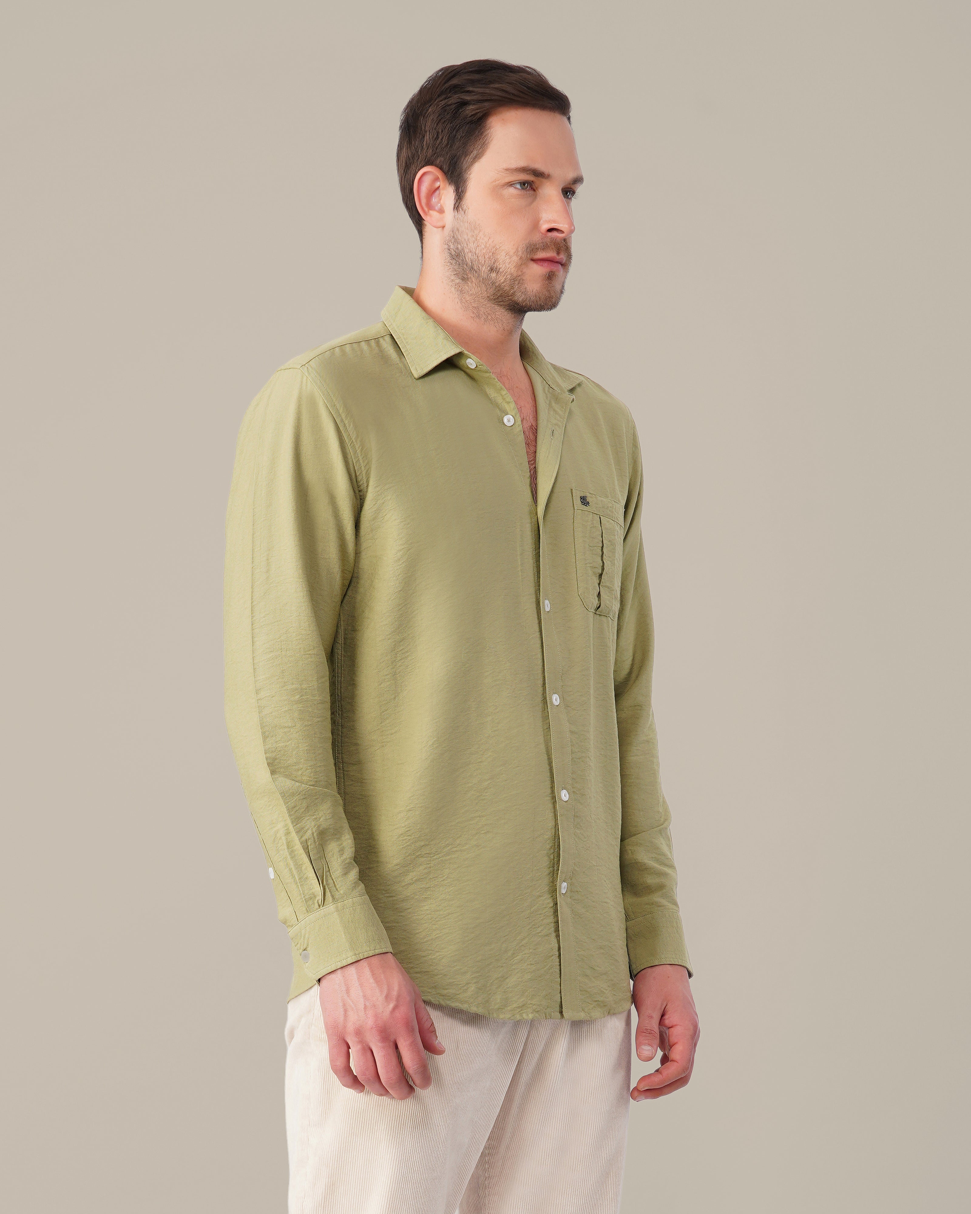 Olive Green Solid Smooth Blend Regular Fit Shirt