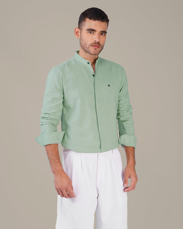 Mint Green Solid Linen Blend Mandarin Collar Shirt