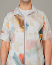 Multicolor Abstract Print Linen Blend Short Sleeve Shirt