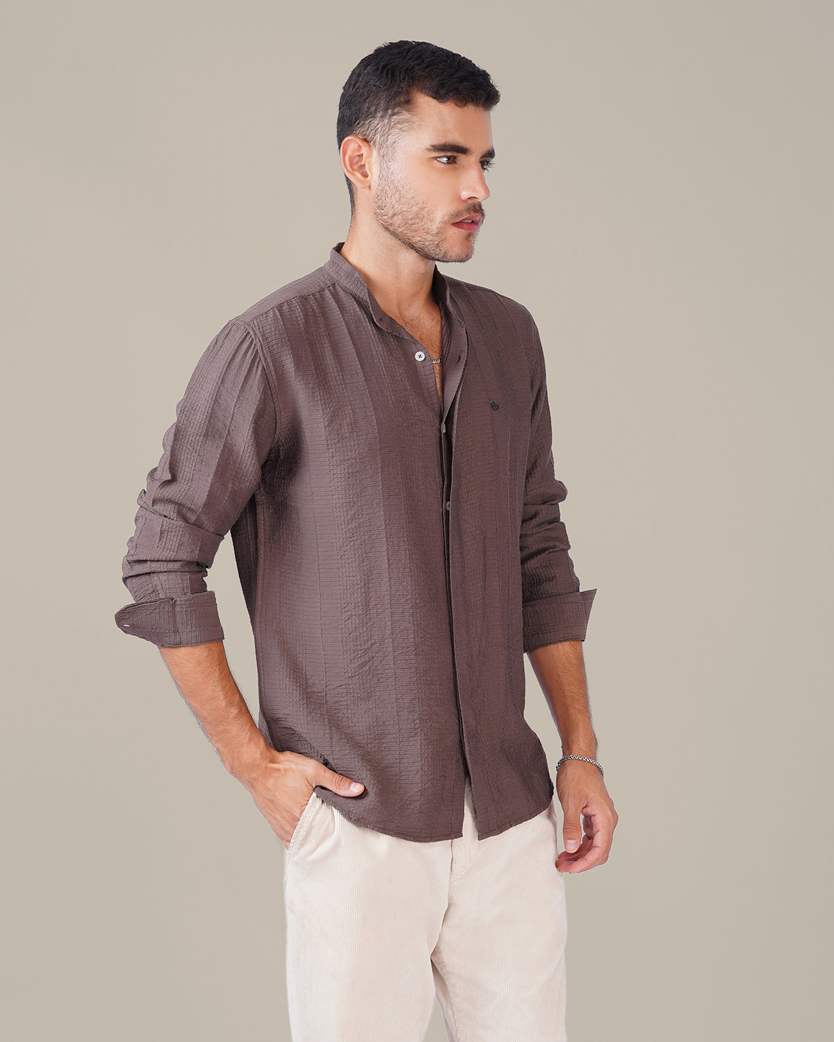 Taupe Textured Polyester Viscose Mandarin Collar Shirt