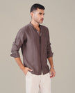 Taupe Textured Polyester Viscose Mandarin Collar Shirt