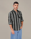 Black and Gray Striped Cotton Slub Regular Fit Shirt