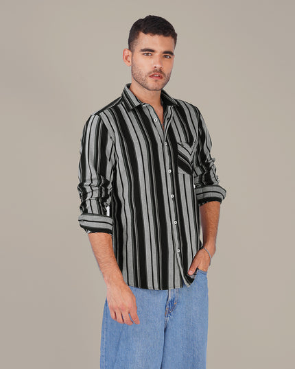Black and Gray Striped Cotton Slub Regular Fit Shirt
