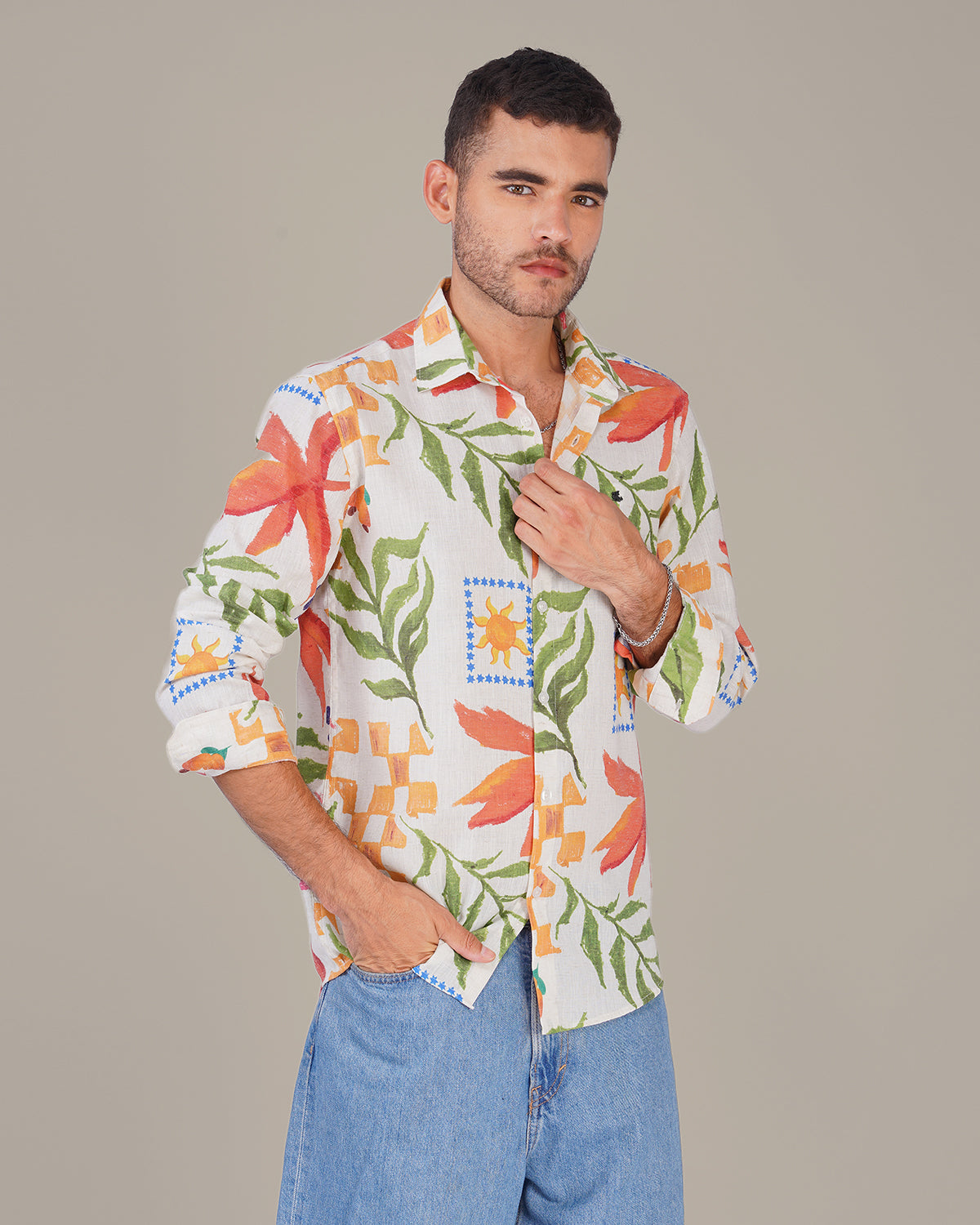 Floral Print Linen Blend Button-Down Shirt