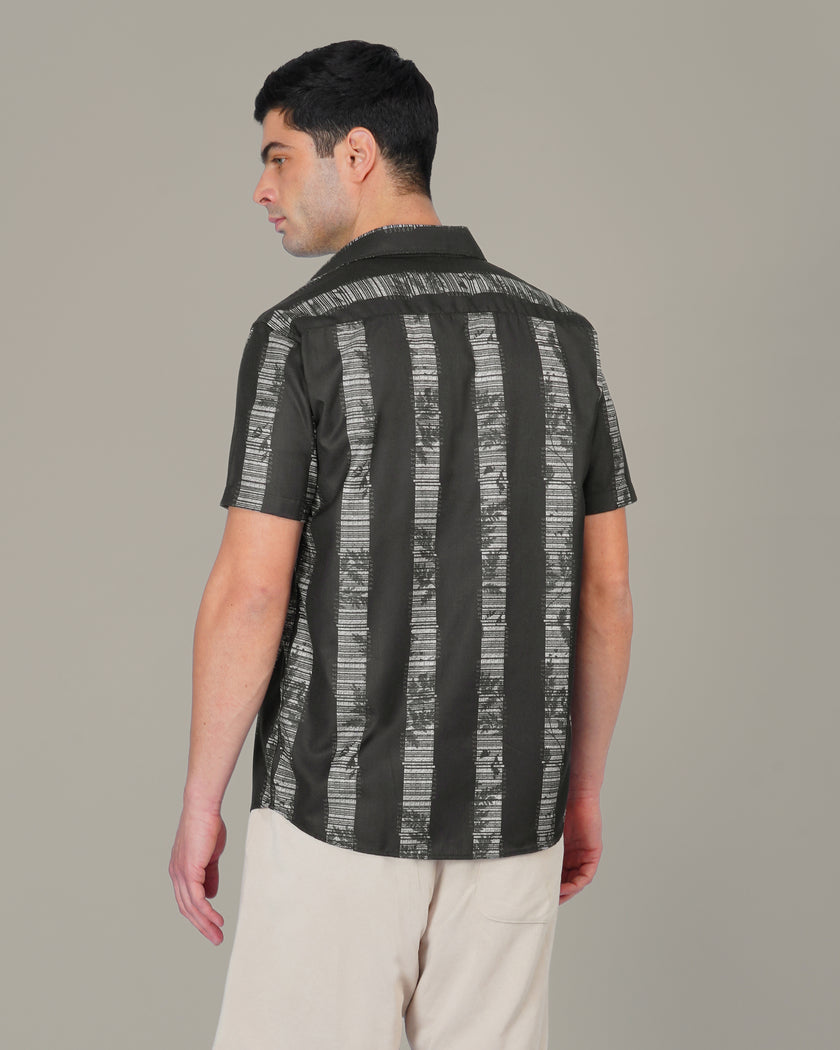 Black Geometric Stripe Polyester Regular Fit Shirt