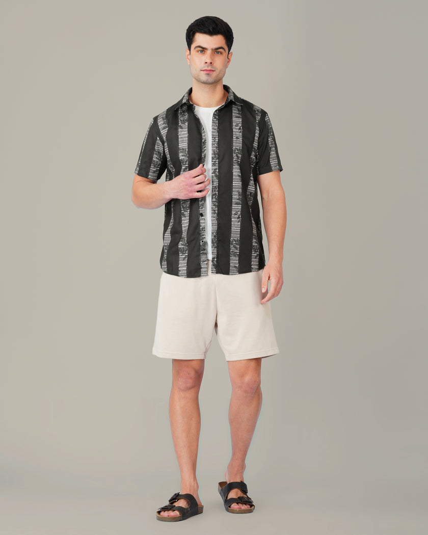 Black Geometric Stripe Polyester Regular Fit Shirt