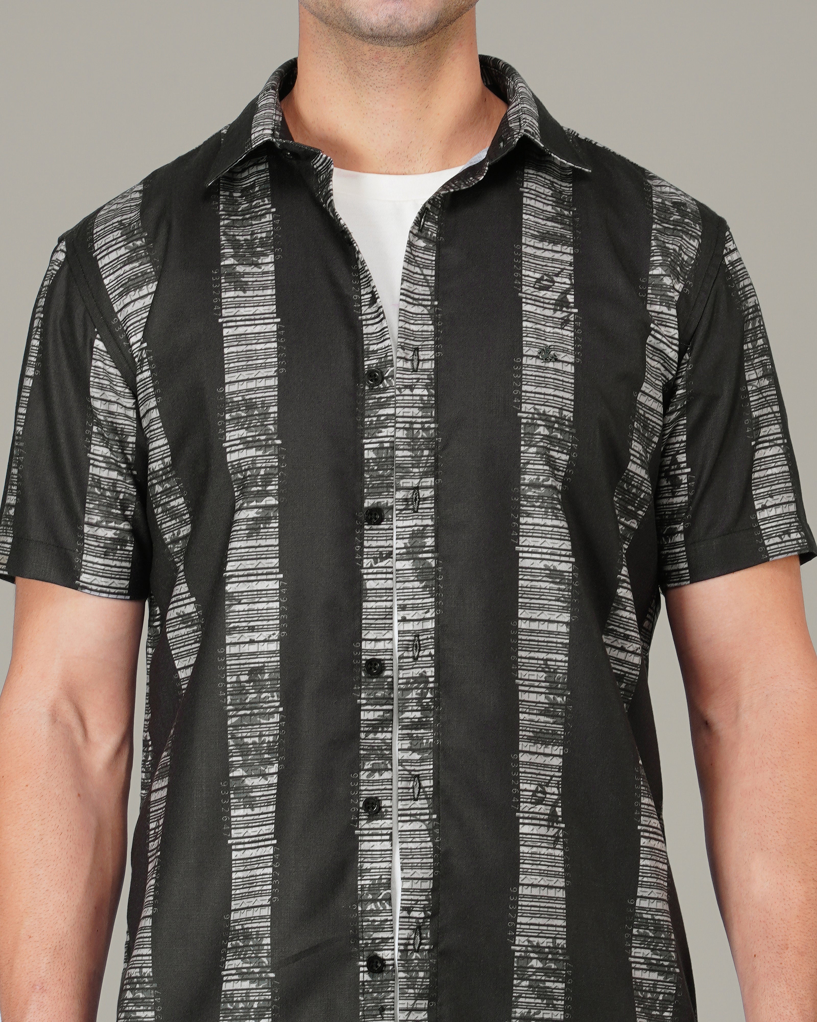 Black Geometric Stripe Polyester Regular Fit Shirt