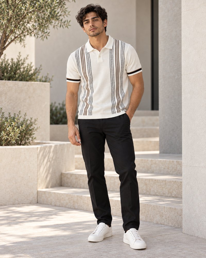 The White & Brown Stripe Polo - Pure Cotton · Slim Fit