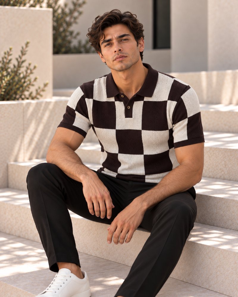 Model in a checked knit polo leaning on a stone wall