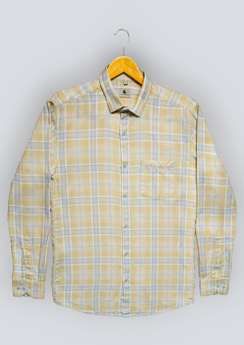 Soft Yellow Plaid Cotton Regular Fit Shirt