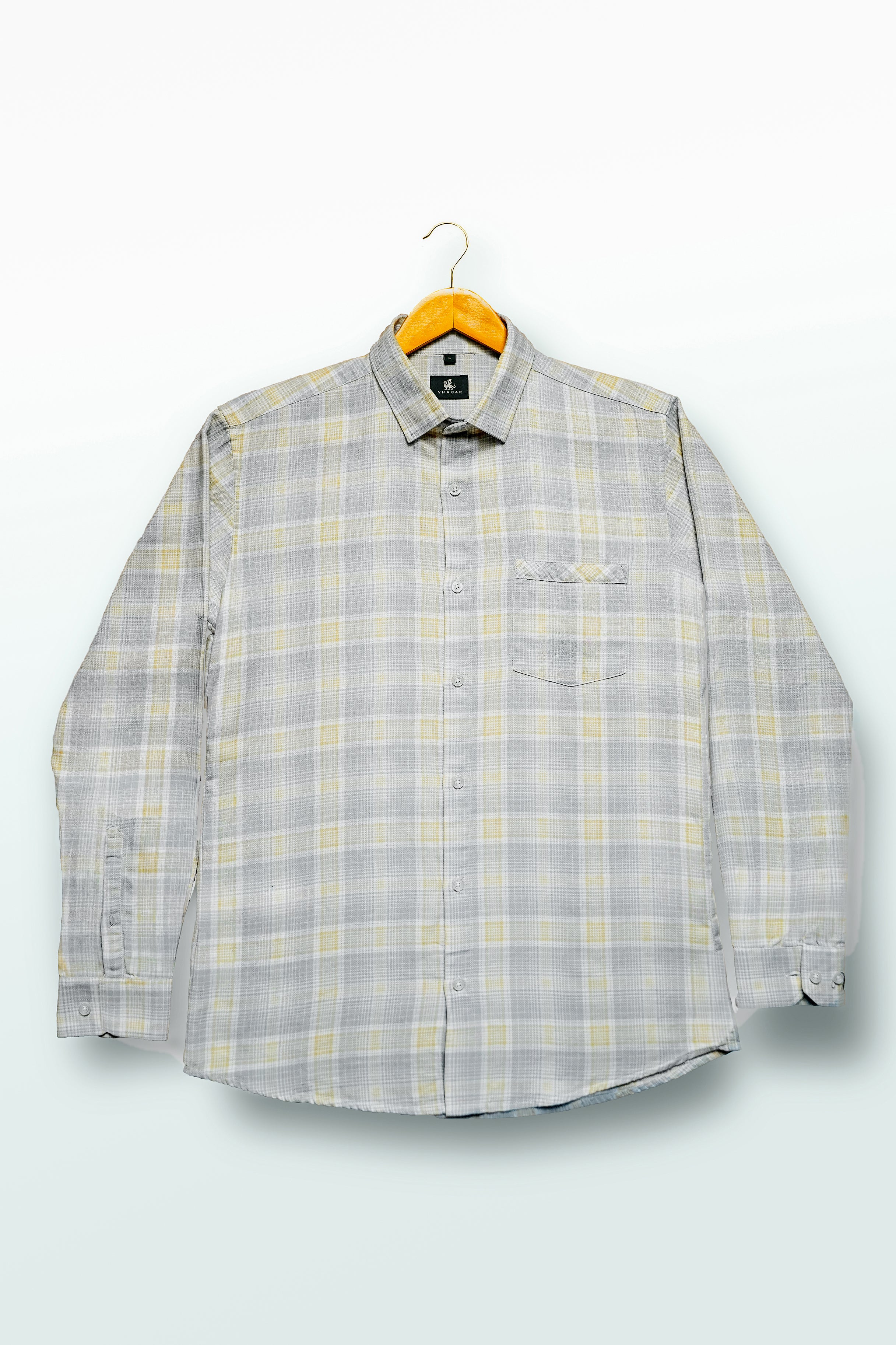Grey and Yellow Plaid Cotton Regular Fit Shirt