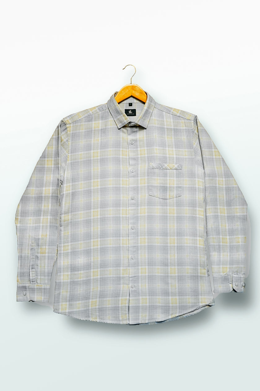 Grey and Yellow Plaid Cotton Regular Fit Shirt