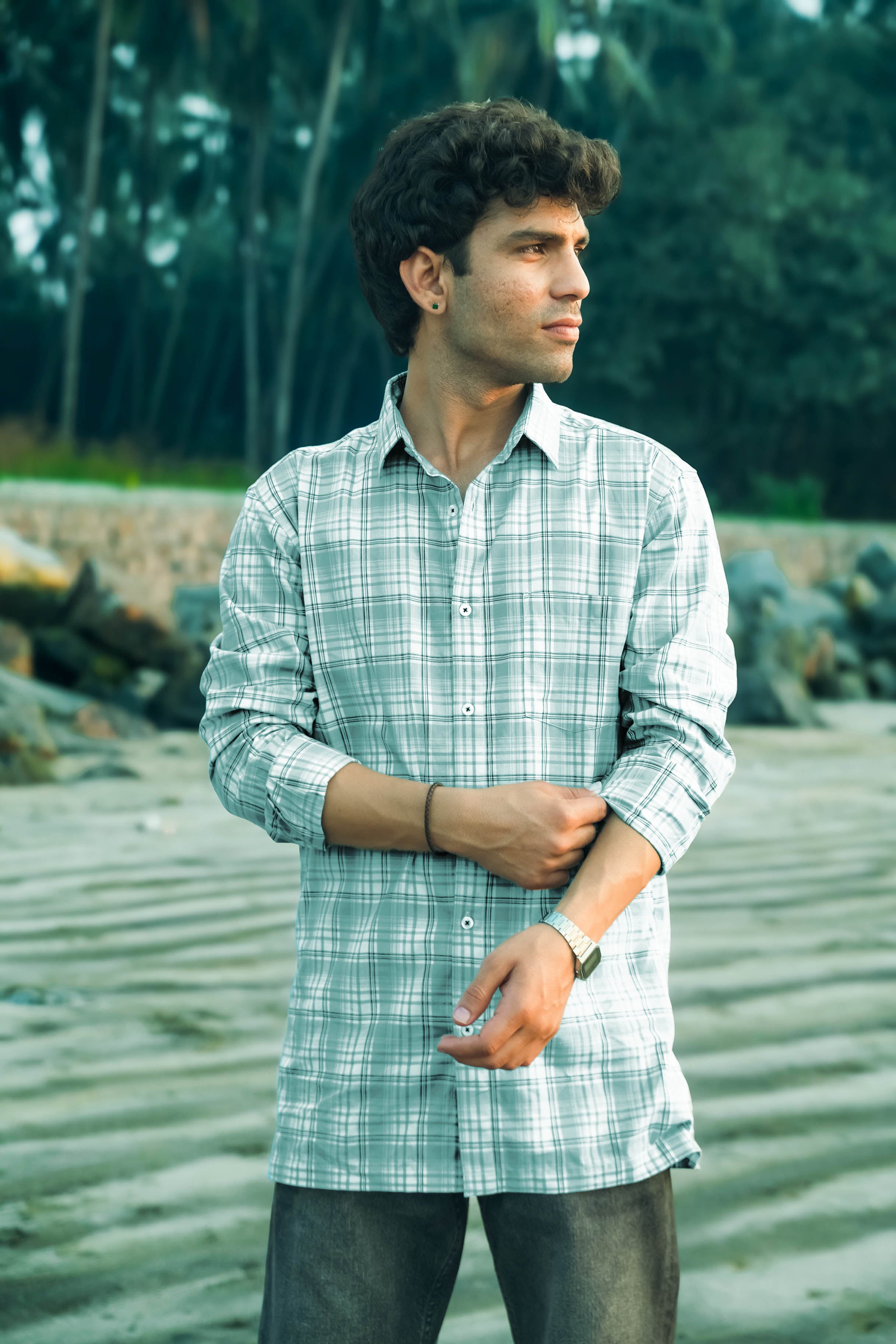 Mint Green Plaid Cotton Slub Classic Fit Shirt