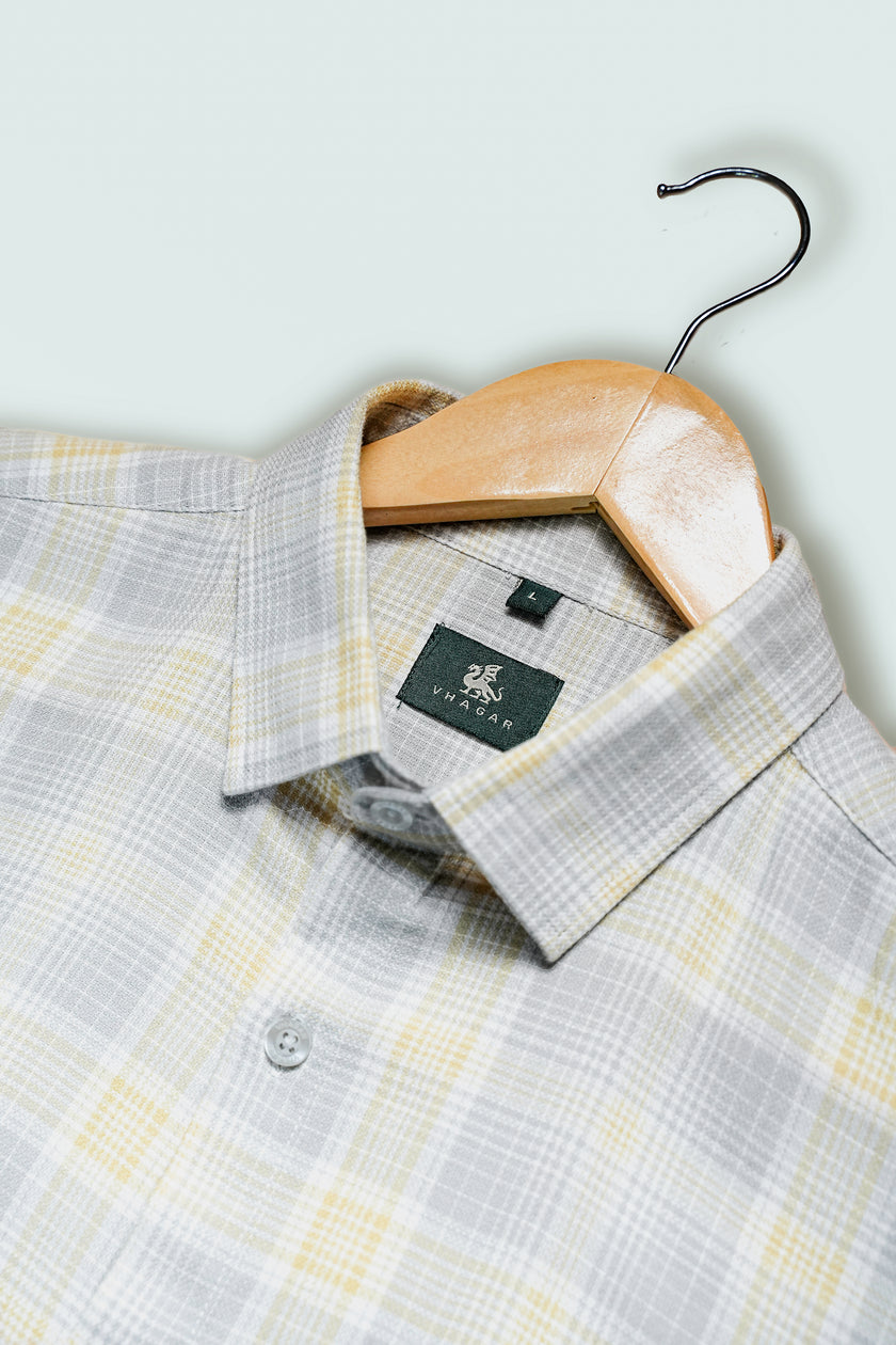 Grey and Yellow Plaid Cotton Regular Fit Shirt