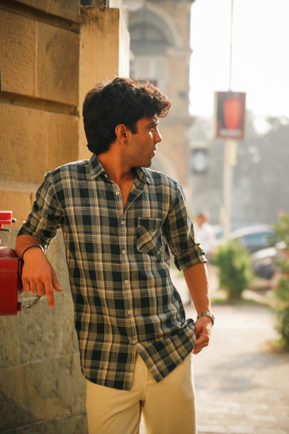 Dark Green Checkered Cotton Classic Fit Shirt