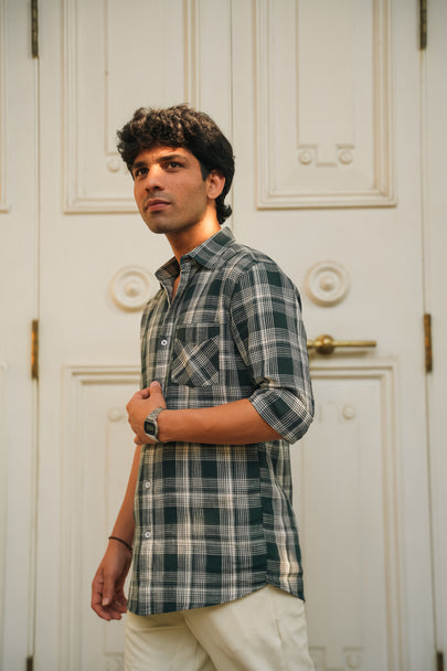 Dark Green Checkered Cotton Classic Fit Shirt