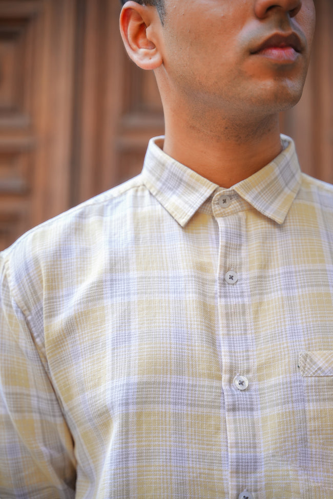 Soft Yellow Plaid Cotton Regular Fit Shirt