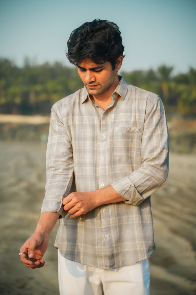 Grey and Yellow Plaid Cotton Regular Fit Shirt