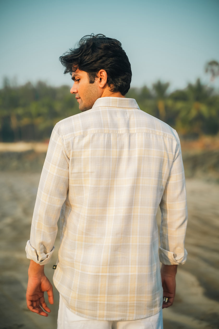 Grey and Yellow Plaid Cotton Regular Fit Shirt