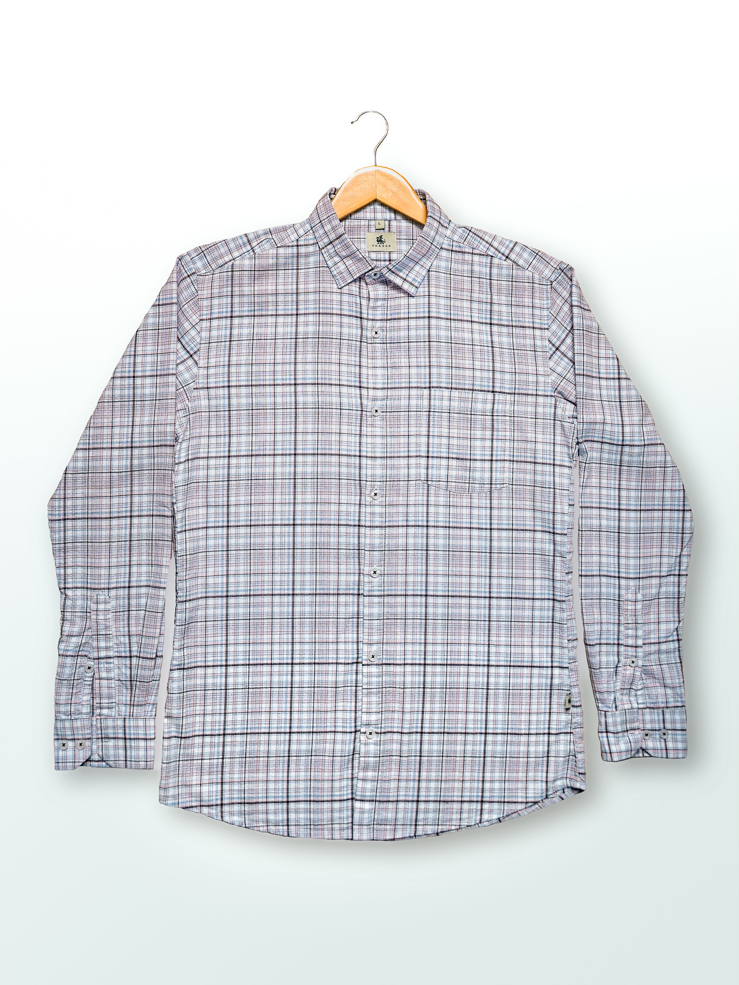 Pink and Blue Plaid Linen-Cotton Blend Classic Collar Shirt