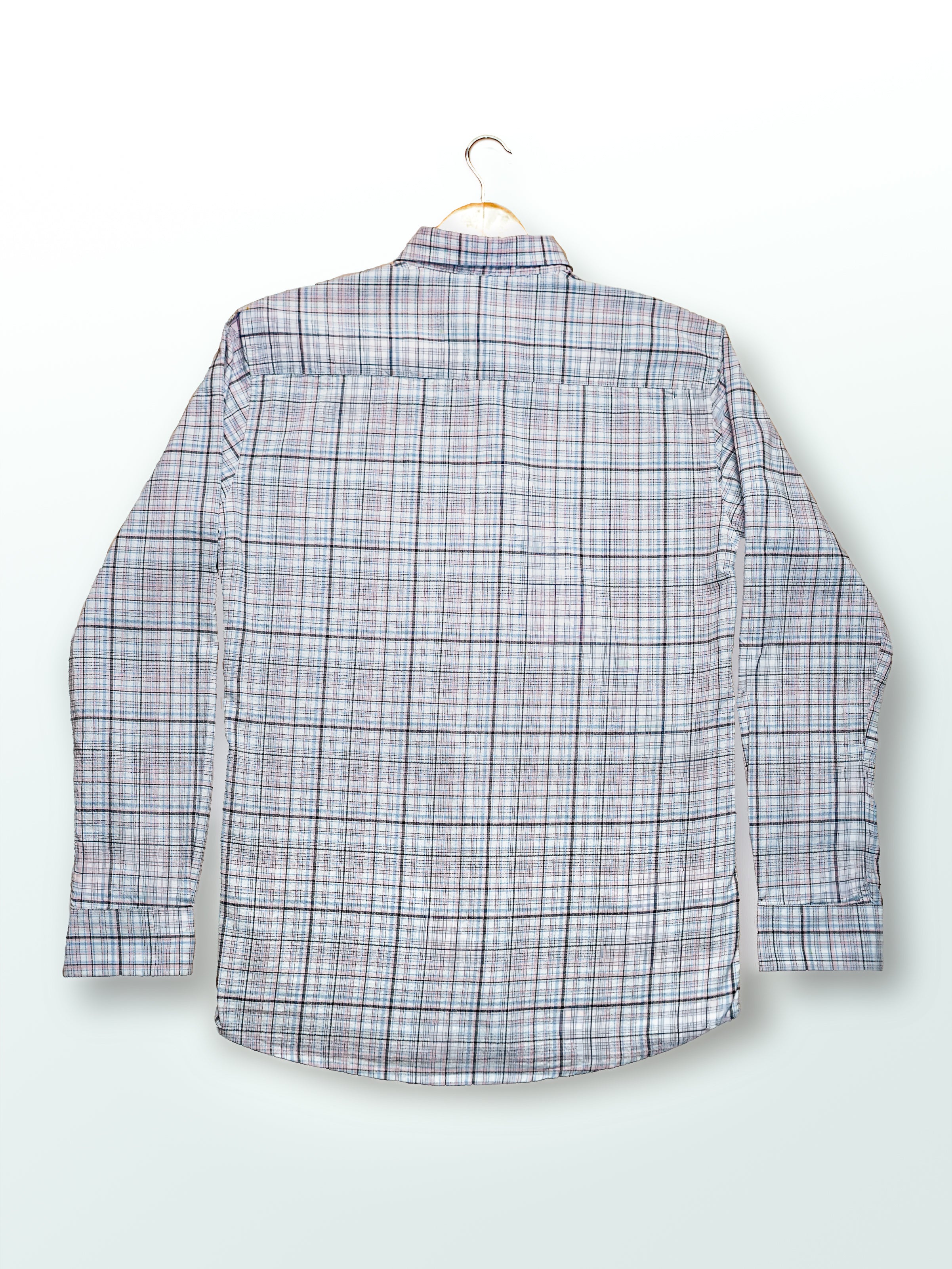 Pink and Blue Plaid Linen-Cotton Blend Classic Collar Shirt