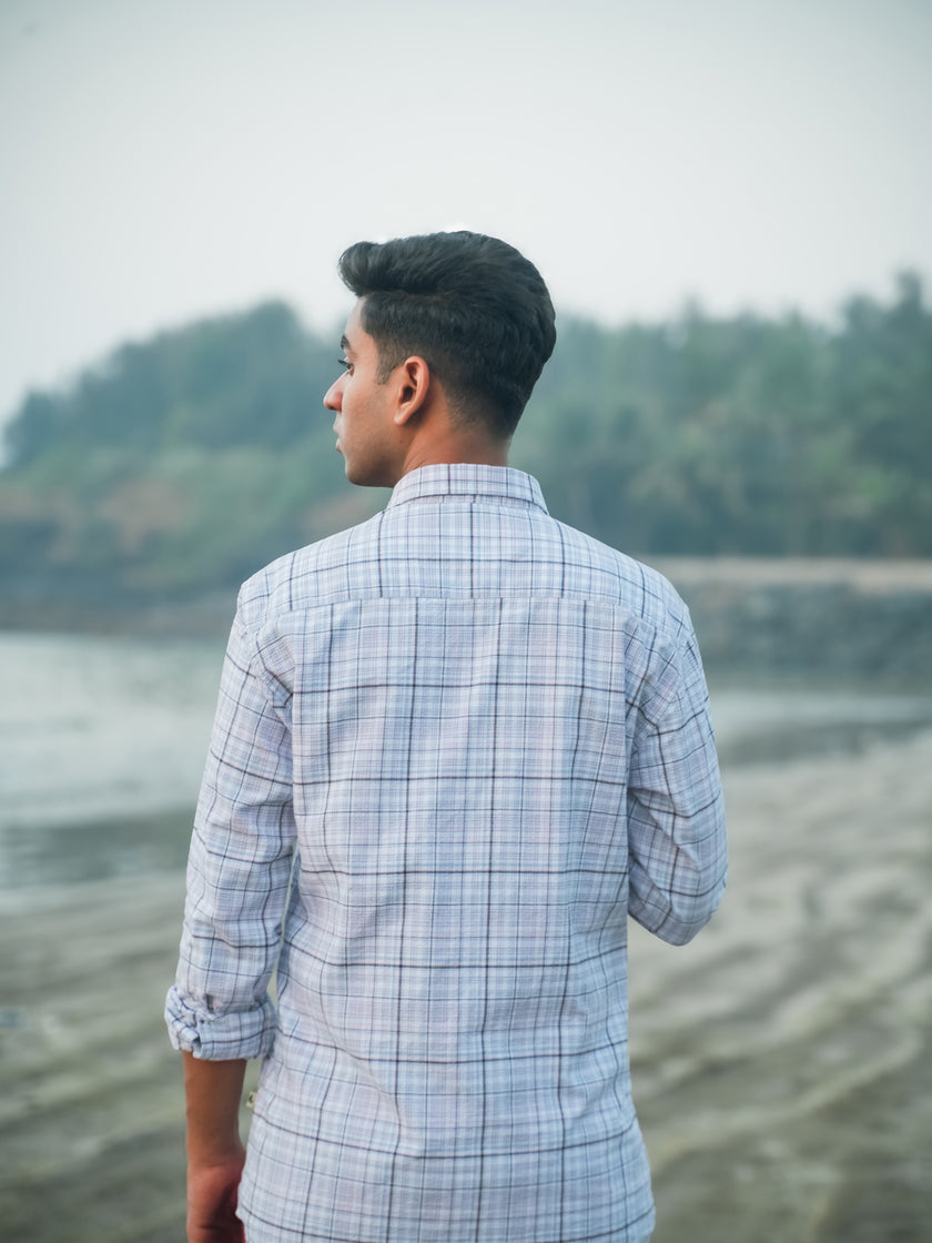 Pink and Blue Plaid Linen-Cotton Blend Classic Collar Shirt