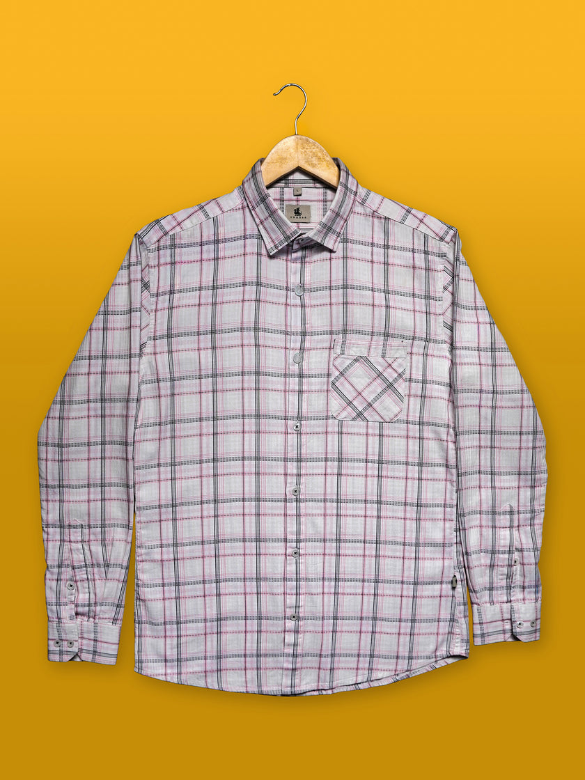 White and Pink Check Cotton Slub Regular Fit Shirt