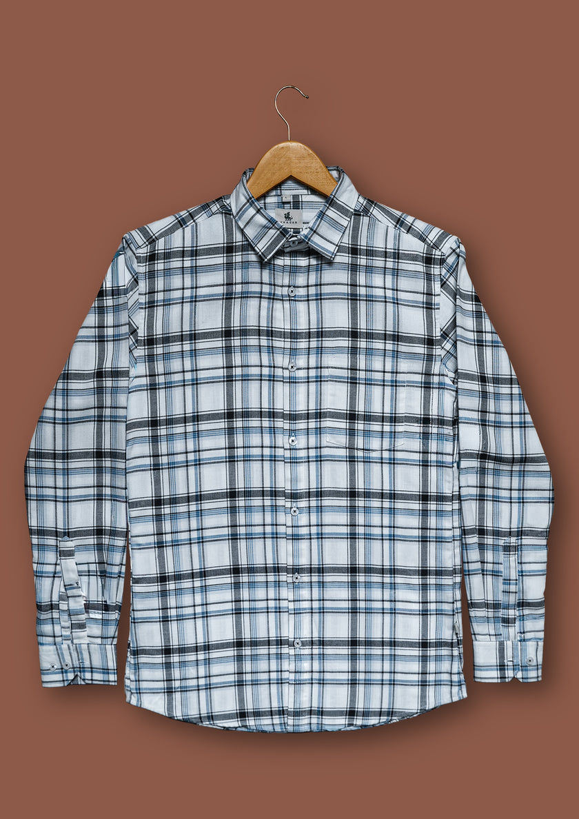 White and Blue Plaid Poly Viscose Stretch Blend Classic Fit Shirt