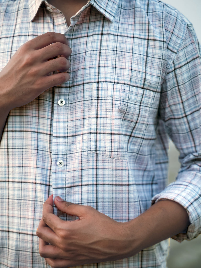 Pink and Blue Plaid Linen-Cotton Blend Classic Collar Shirt