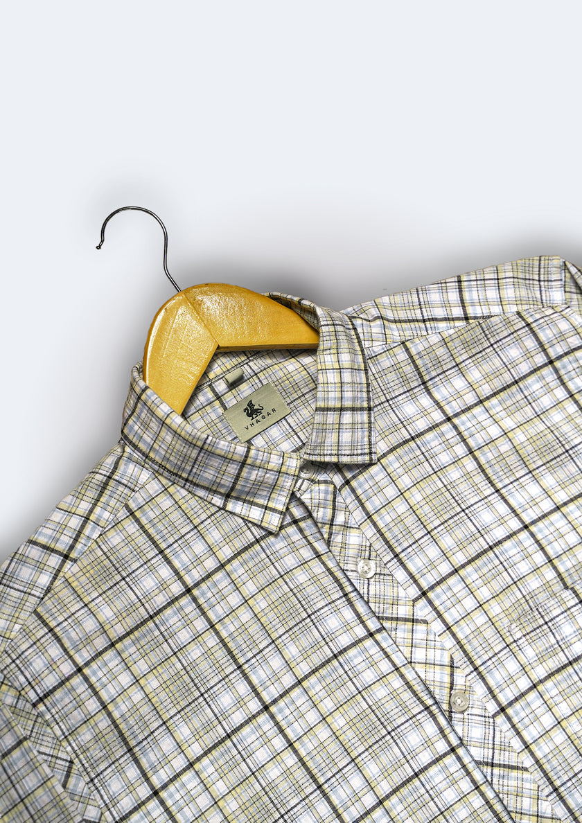 Yellow Blue Checkered Linen Cotton Blend Classic Collar Shirt