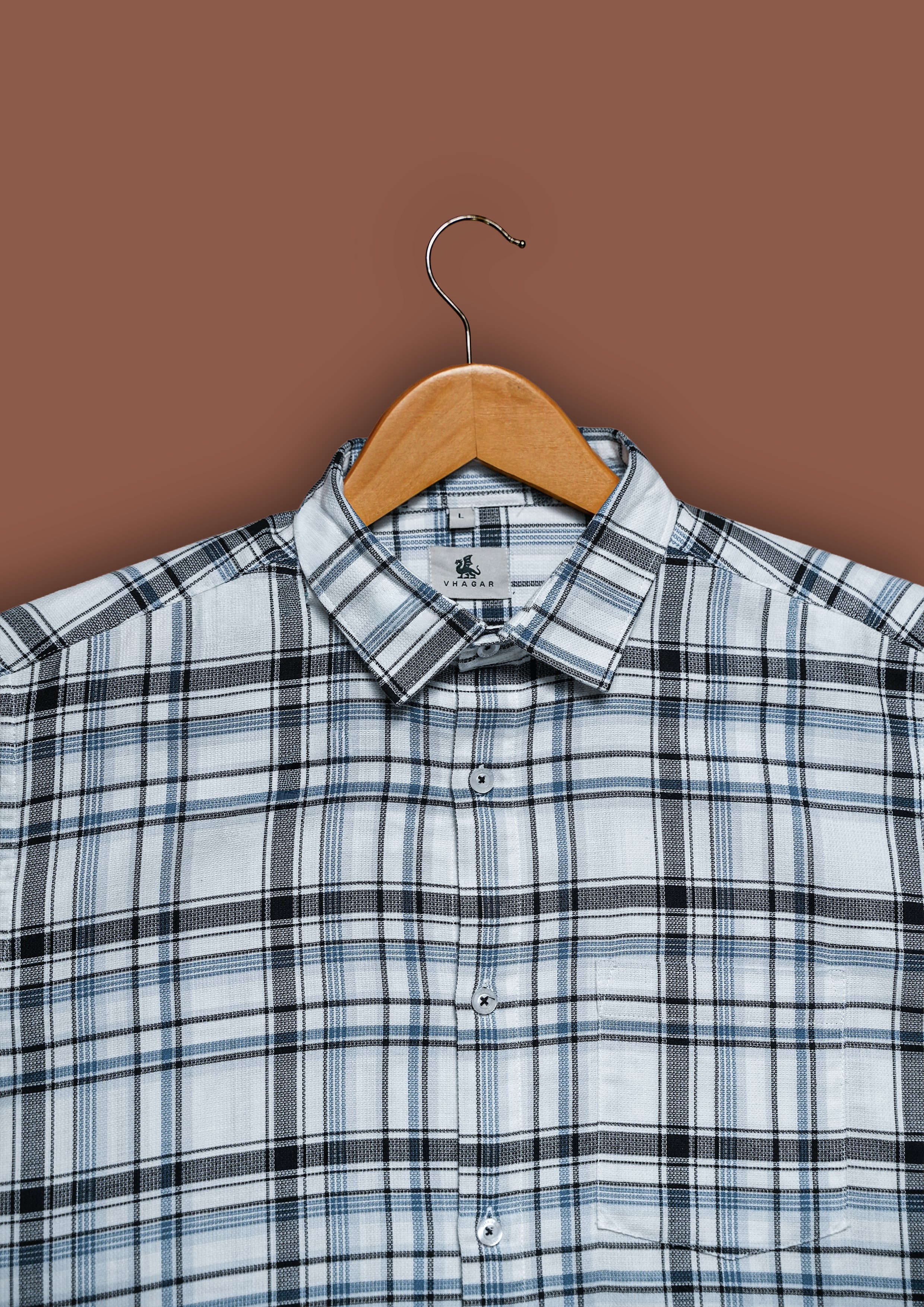 White and Blue Plaid Poly Viscose Stretch Blend Classic Fit Shirt