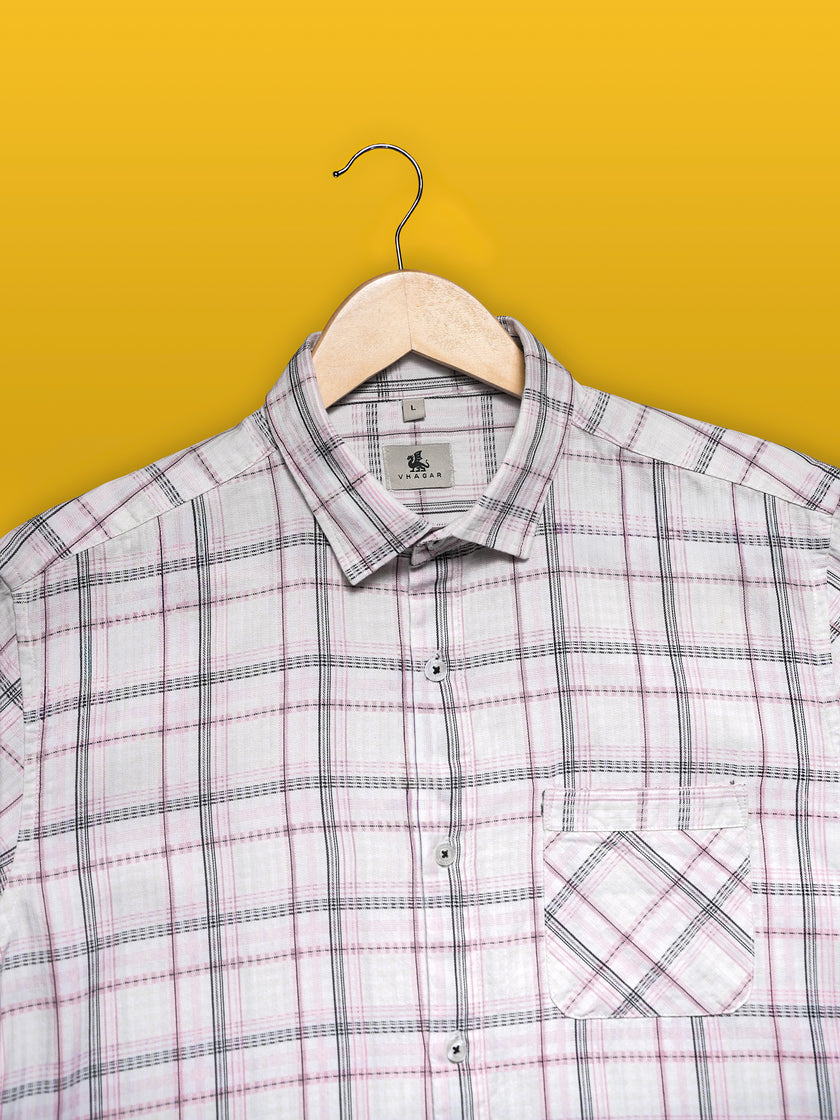 White and Pink Check Cotton Slub Regular Fit Shirt